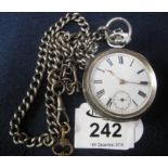 Early 20th Century silver open faced pocket watch marked 0.935, together with an Albert T bar chain.