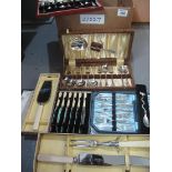 Box of cased cutlery items, various, spoons, knives, carving set etc, together with loose cutlery.