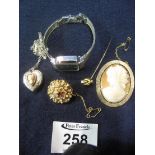 Two gold brooches and a pin, a silver heart etc. (B.P. 24% incl.