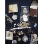 Box of assorted items to include; silver gate bracelet, silver bangle, silver locket on chain,