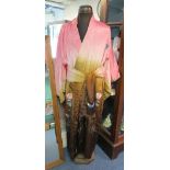 Vintage floral design embroidered kimono with pink to brown ombre colour and tie belt. (B.P.