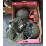 Box of mixed militaria to include; British Army MKIV Falkland War helmet 1982,