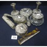 Art Nouveau design ladies dressing table set comprising pair of candlesticks, brushes, mirror, comb,