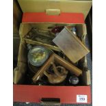 Box of assorted items to include; carved wooden elephant bookends, EPNS salt,