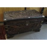 Oriental carved hardwood camphor wood chest labelled to the interior 'Victoria brand,