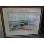 Matt Bruce (Scottish 20th Century), beached trawler with figure, watercolours, 32 x 47cm approx.