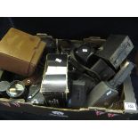 Box of assorted camera and camera equipment, cinecameras, 35mm, binoculars,