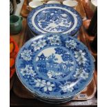 A collection of six 19th Century Staffordshire transfer printed blue and white plates,