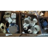 Three boxes of assorted china and glass to include; pottery ewers, oriental design vases,
