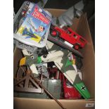 Box of assorted diecast model vehicles to include; Matchbox Thunderbirds, airplanes, trucks,