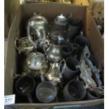 Box of assorted mainly metalware to include; pewter tankards,