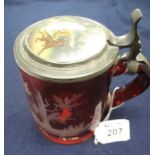 Victorian ruby glass flash cut tankard depicting stags in a woodland,