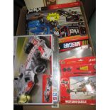 Box of assorted toys and cars to include; Mega bloks Vodafone Mclaren Mercedes in original tin box,