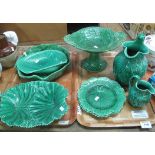 Two trays of mainly Wedgwood, green leaf shaped items to include: tazza, baluster jugs, plates,