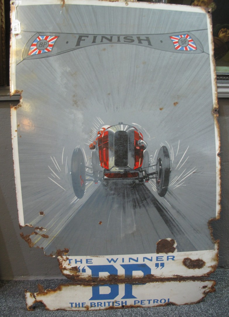 Rare 1930's BP enamel motor racing sign, 'The Winner BP, The British Petrol',