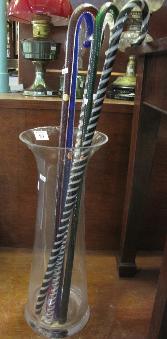 Collection of five Venetian decorative glass walking sticks,