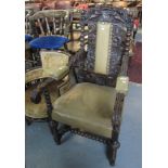 Late 19th/early 20th Century carved oak high back leather open armchair with bobbin turned supports.