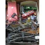 Box of assorted vintage and other diecast toys/vehicles to include; 0 gauge track,