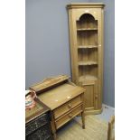 Modern pine two drawer side table with upper shelving, together with a modern pine corner cabinet.