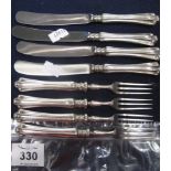 Set of eight silver handled and stainless steel butter knives and forks, Sheffield hallmarks. (B.P.