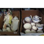 Two boxes of assorted china to include; a blue and white floral teaset, flat back figures,