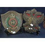 British military oak shield shaped plaque with metal armorial for the Royal Engineers,
