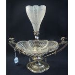 Walker & Hall silver plated 51526 two handled centre table single epergne with glass liner,