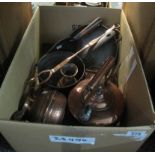 Box of assorted copper metalware to include; kettle, jugs, vase, pans, fireside items etc. (B.P.