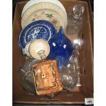 Box of assorted china and glass to include; blue glazed egg crock, blue and white willow dish,