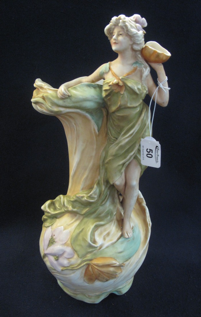 Royal Dux porcelain Art Nouveau design figural vase of a lady in robes, shape no.