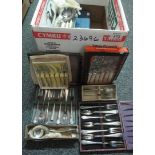 Box of assorted cutlery to include; cased sets of stainless steel knives, plated forks, teaspoons,