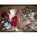 Box of assorted metalware, various to include; teaware, cake baskets, flatware etc.