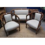 Edwardian mahogany inlaid parlour suite comprising two seater settee and a pair of tub chairs,