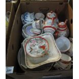 Box of assorted china to include; Japanese floral design part teaset, Wedgwood plates,