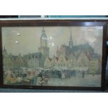 Van Ackez, Belgian or Dutch market square (possible Ypres), coloured print,