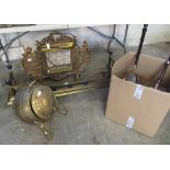 Collection of metalware to include; brass bellows, Art Nouveau design fire fender, coal scuttle,
