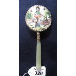Ladies oriental design hand mirror with green stone handle and enamelled oriental figural