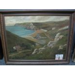 Walter W Goddard, coastal scene with rocky outcrop and cottages, oil on canvas, signed and framed.