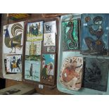 Three trays of assorted tiles, one in Picasso style, others including; castles, figures,