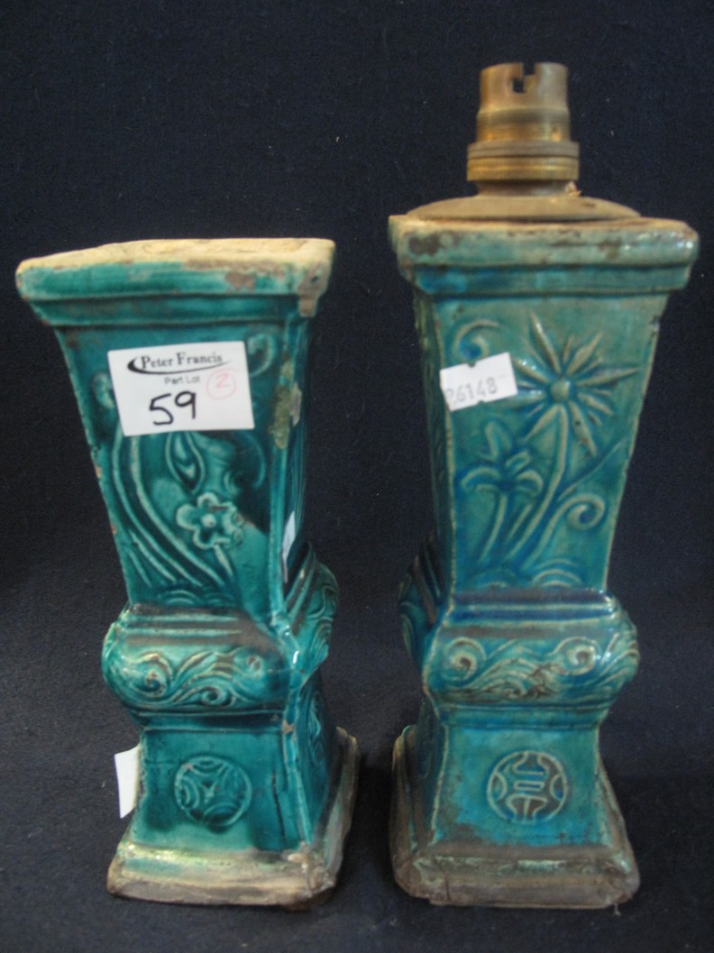 Two probably slab moulded Shiwan style Chinese pottery earthenware square section Gu form vases