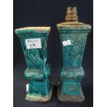 Two probably slab moulded Shiwan style Chinese pottery earthenware square section Gu form vases