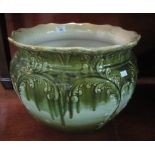 Large Staffordshire majolica pottery baluster shaped jardiniere with relief foliate decoration and