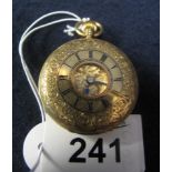 18ct gold half hunter pocket watch with foliate chased decoration and vacant cartouche. (B.P.