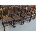 Set of four early 20th Century slat and barley twist dining chairs with drop in seats.