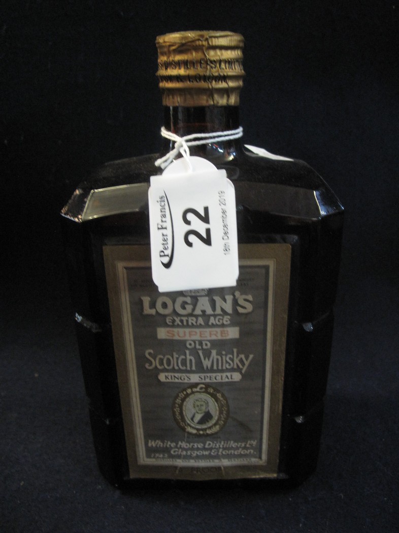 Logan's extra age superb old Scotch whisky, King's special, 70% proof.