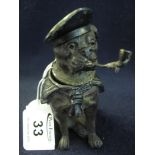 Novelty white metal inkwell in the form of a seated boxer dog smoking a pipe and wearing a navel