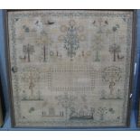 Early 19th Century framed child's sampler 'Elizabeth Oates work age 9 years May Anno domini 1827'.