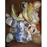 Box of assorted china and other items to include; dresser jugs, ceramic study of a corgi dog,
