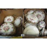 Two boxes of oriental pagoda and floral design dinnerware marked Palissy to include; various plates,