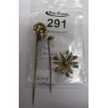 Victorian turquoise and seed pearl flower brooch and two pins. (B.P. 24% incl.